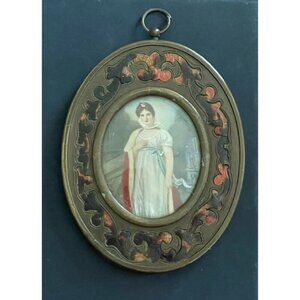 Antique Miniature Lady Portrait Brass Boulle Tortoise Shell Frame Painting Art